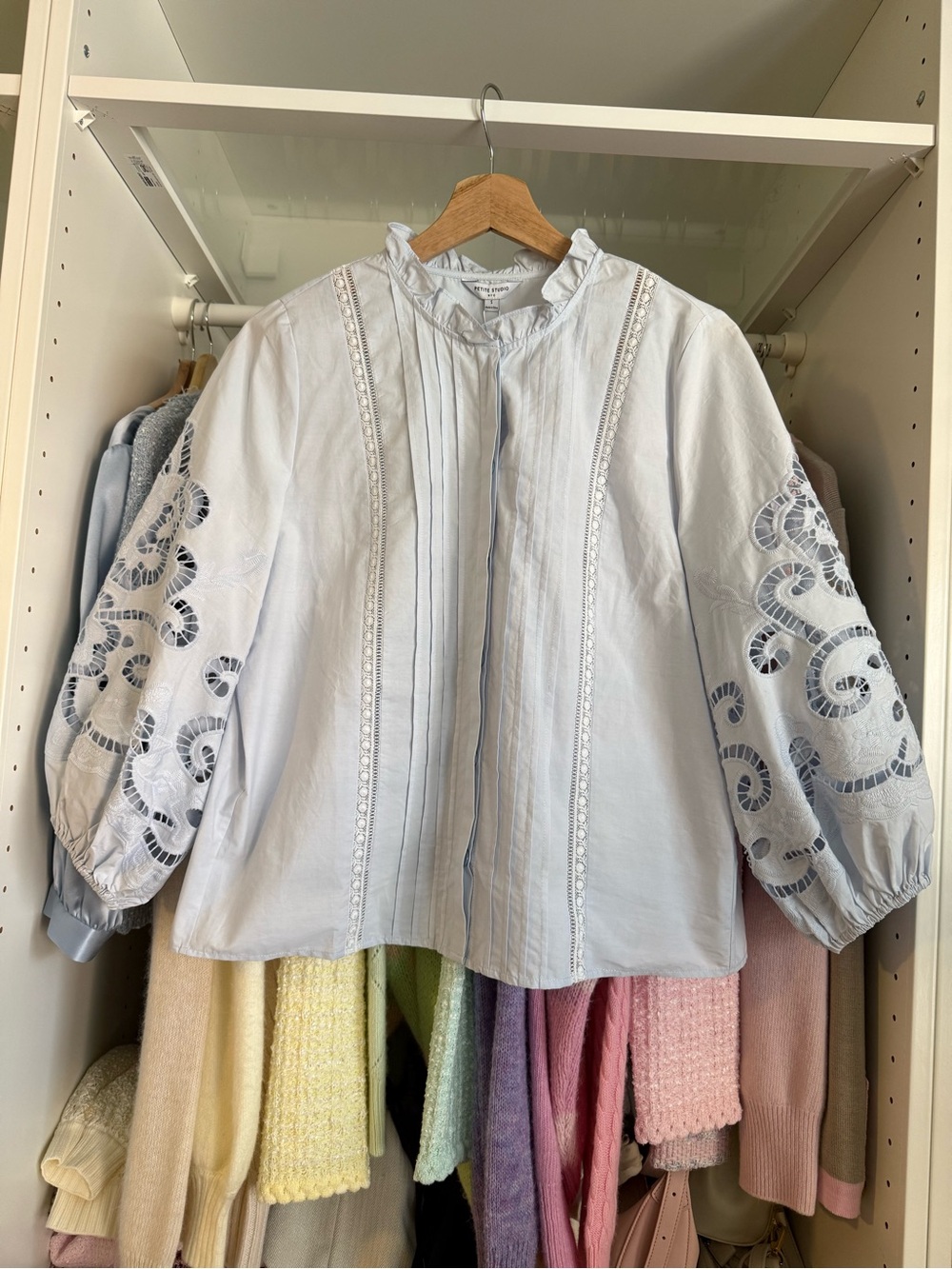 Petite Studio Light Blue Embroidered Puff-Sleeve Blouse